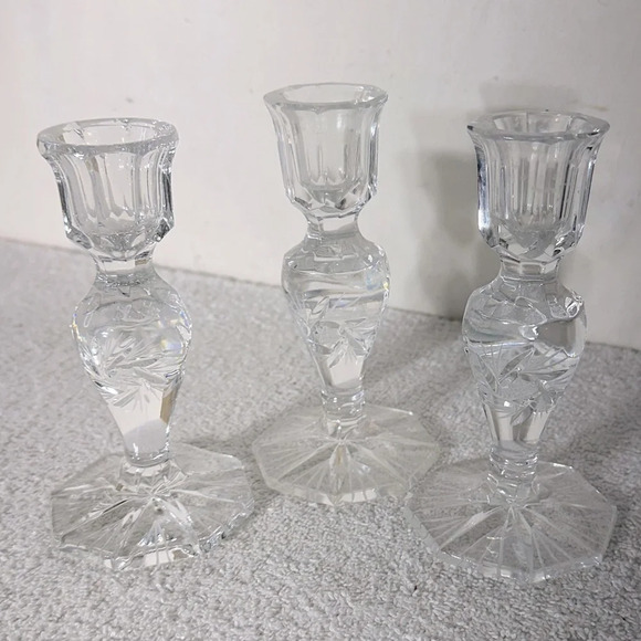 Vintage Clear Lead  Crystal whirling Star Pinwheel Candlestick Holders X3 - Picture 2 of 12